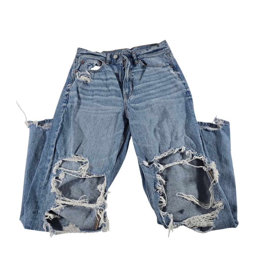 American Eagle Highest Rise Baggy Straight Distressed Jeans Blue 8 Short 15111